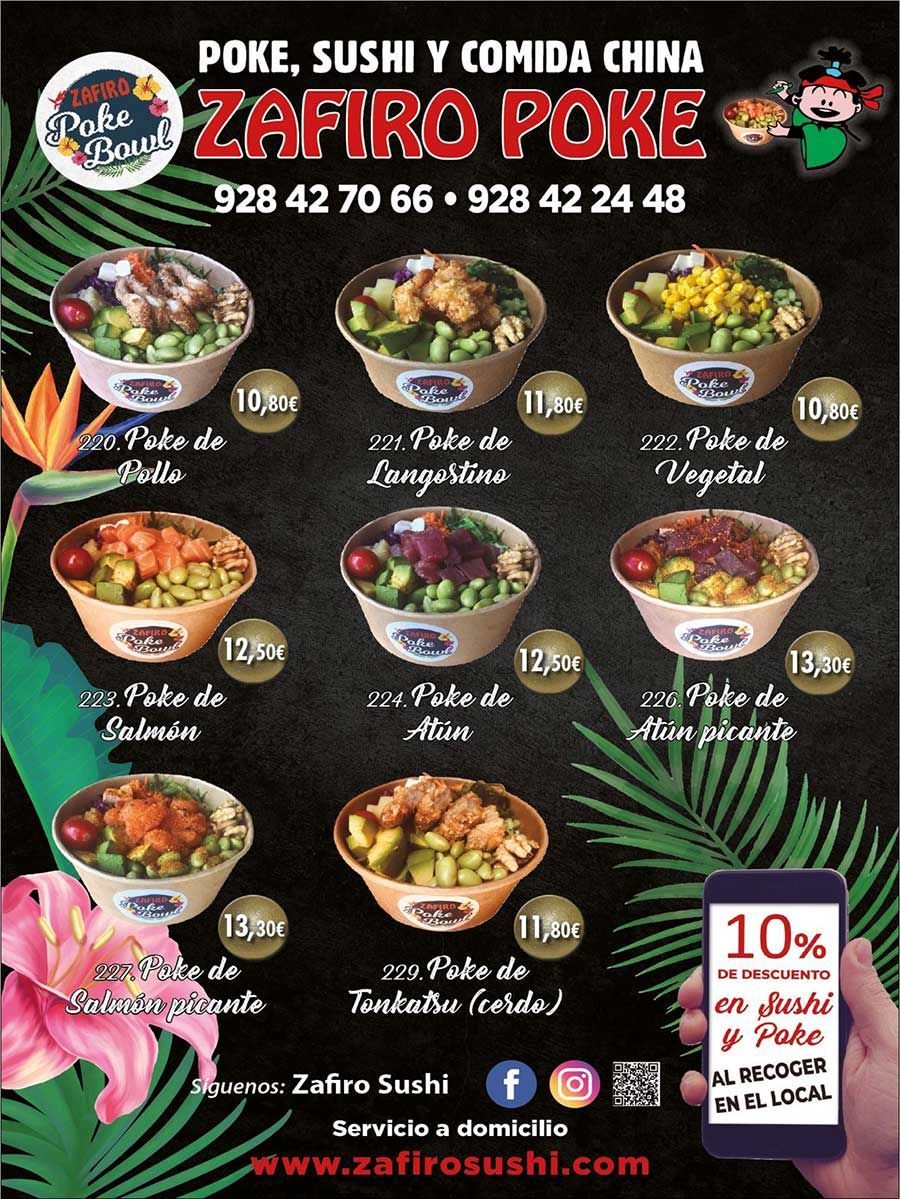 Un menú para un restaurante llamado Zafiro Poke.