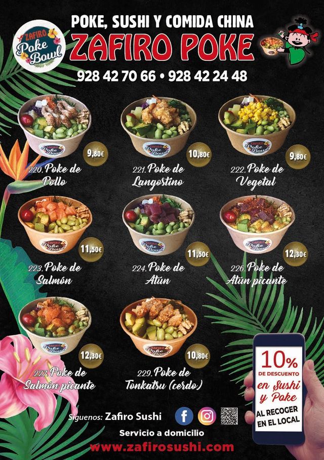 Un menú para un restaurante llamado Zafiro Poke.