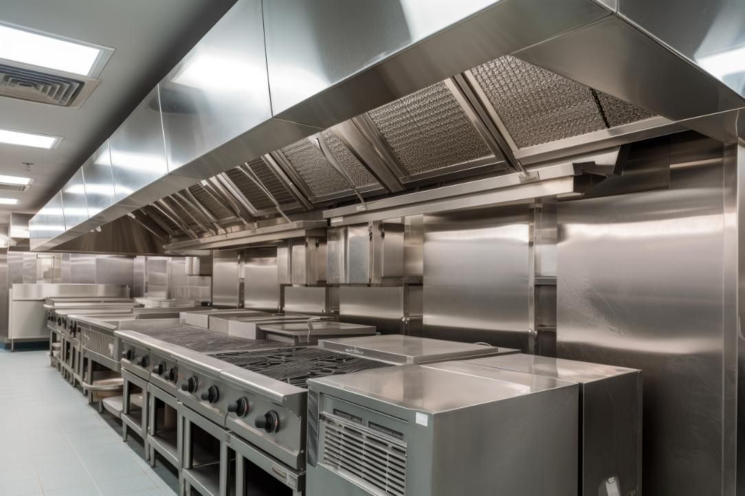 Cocina comercial con electrodomésticos de acero inoxidable y campana extractora.