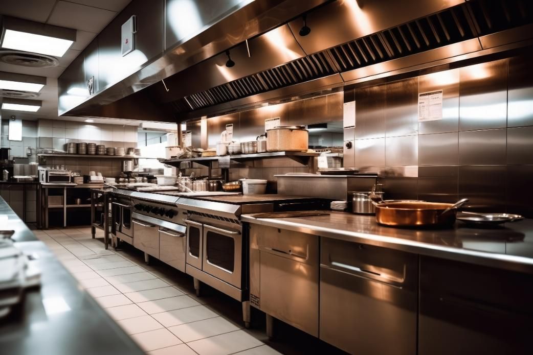 Cocina comercial con electrodomésticos y equipos de acero inoxidable.