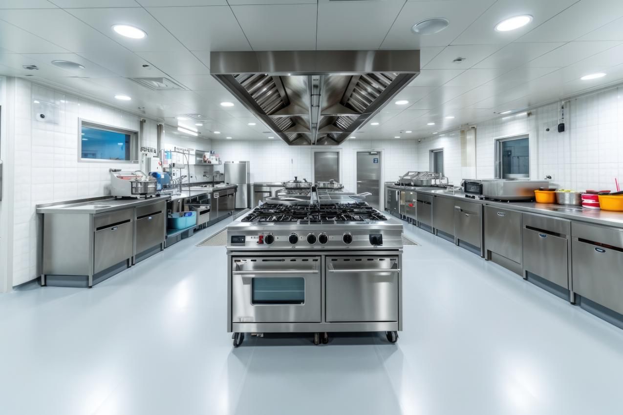 Cocina comercial con electrodomésticos de acero inoxidable y estufa central.