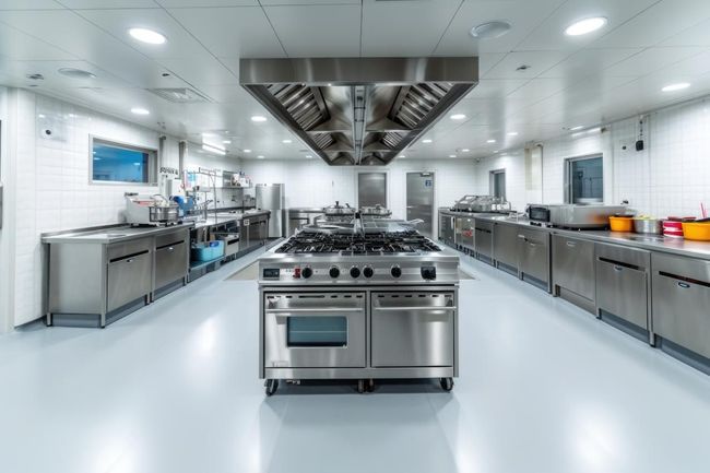 Cocina comercial con electrodomésticos de acero inoxidable y estufa central.