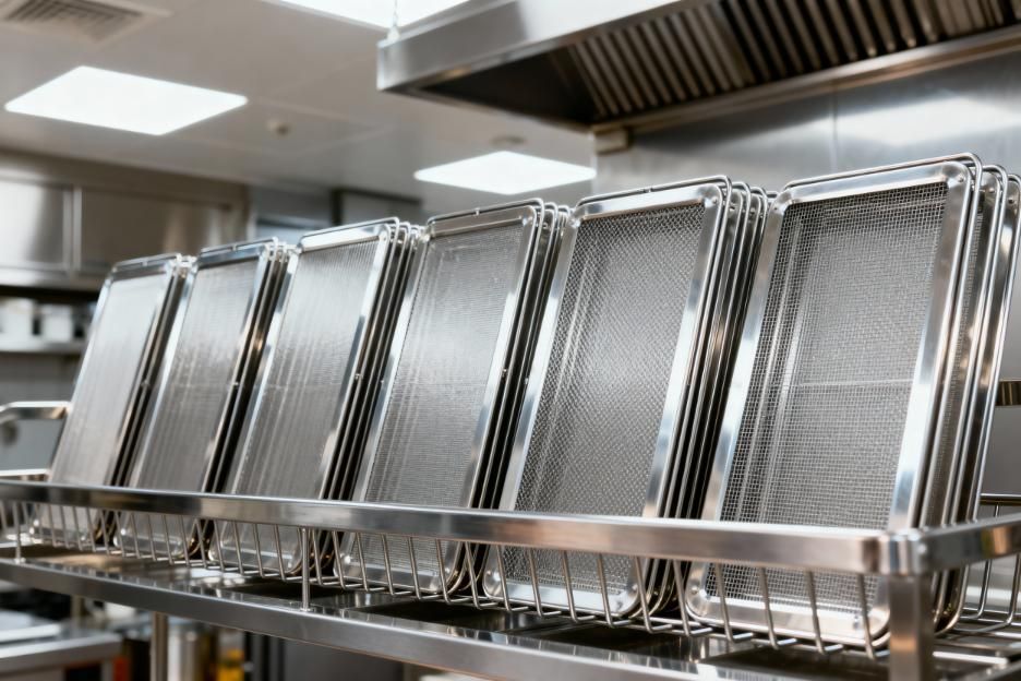 Pila de bandejas de comida de acero inoxidable sobre una rejilla de metal en una cocina comercial.