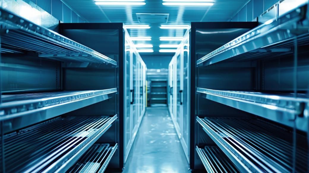 Filas de estantes metálicos en un almacén estéril y bien iluminado.