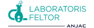 Logotipo de Laboratoris Feltor ANJAC: un icono de un matraz de laboratorio verde azulado y texto sobre un fondo blanco.