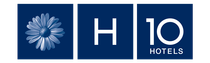 Logotipo para H10 Hotels: margarita, “H” blanca, “10” blanco con “HOTELS” debajo, todo sobre cuadrados azul oscuro.