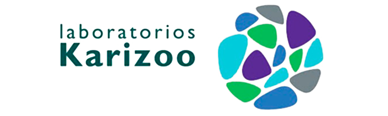 Logotipo de “Laboratorios Karizoo” con texto y forma orgánica colorida.