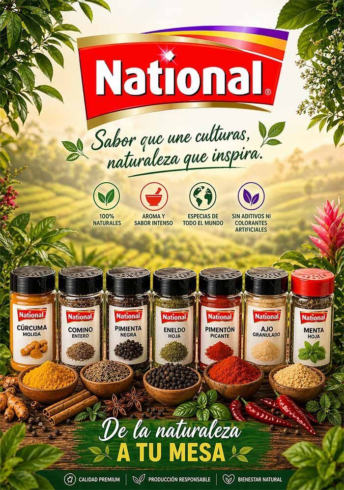 Anuncio de especias nacionales con condimentos y granos variados sobre un fondo verde, eslogan “De la naturaleza a tu mesa”