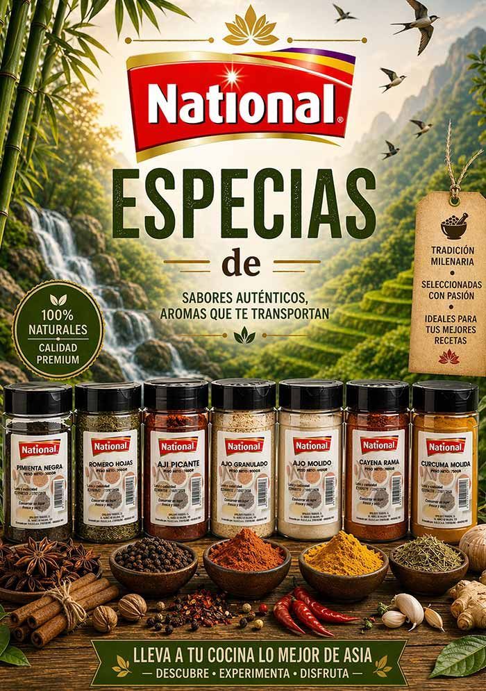 Anuncio nacional de especias con frascos, tazones de especias, granos de café, una cascada de fondo y el titular 