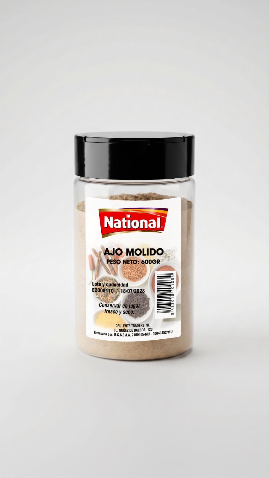 Frasco de condimento de ajo molido National Ajo Molido con tapa negra sobre fondo blanco.