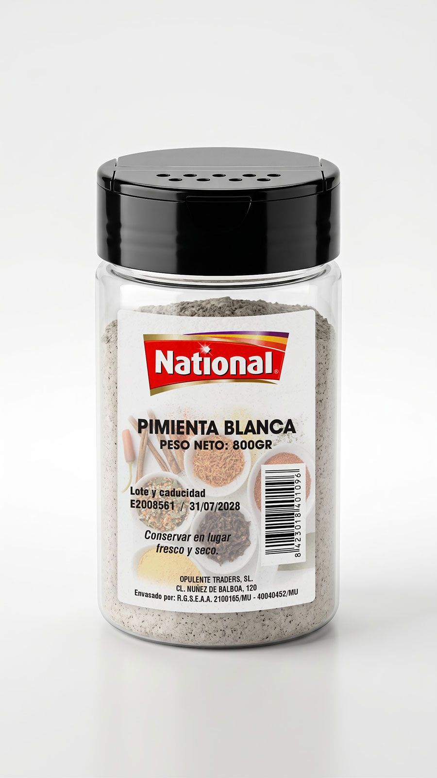 Tarro de pimienta blanca de la marca National con tapa negra y cuerpo de plástico transparente, etiquetado en rojo y blanco.