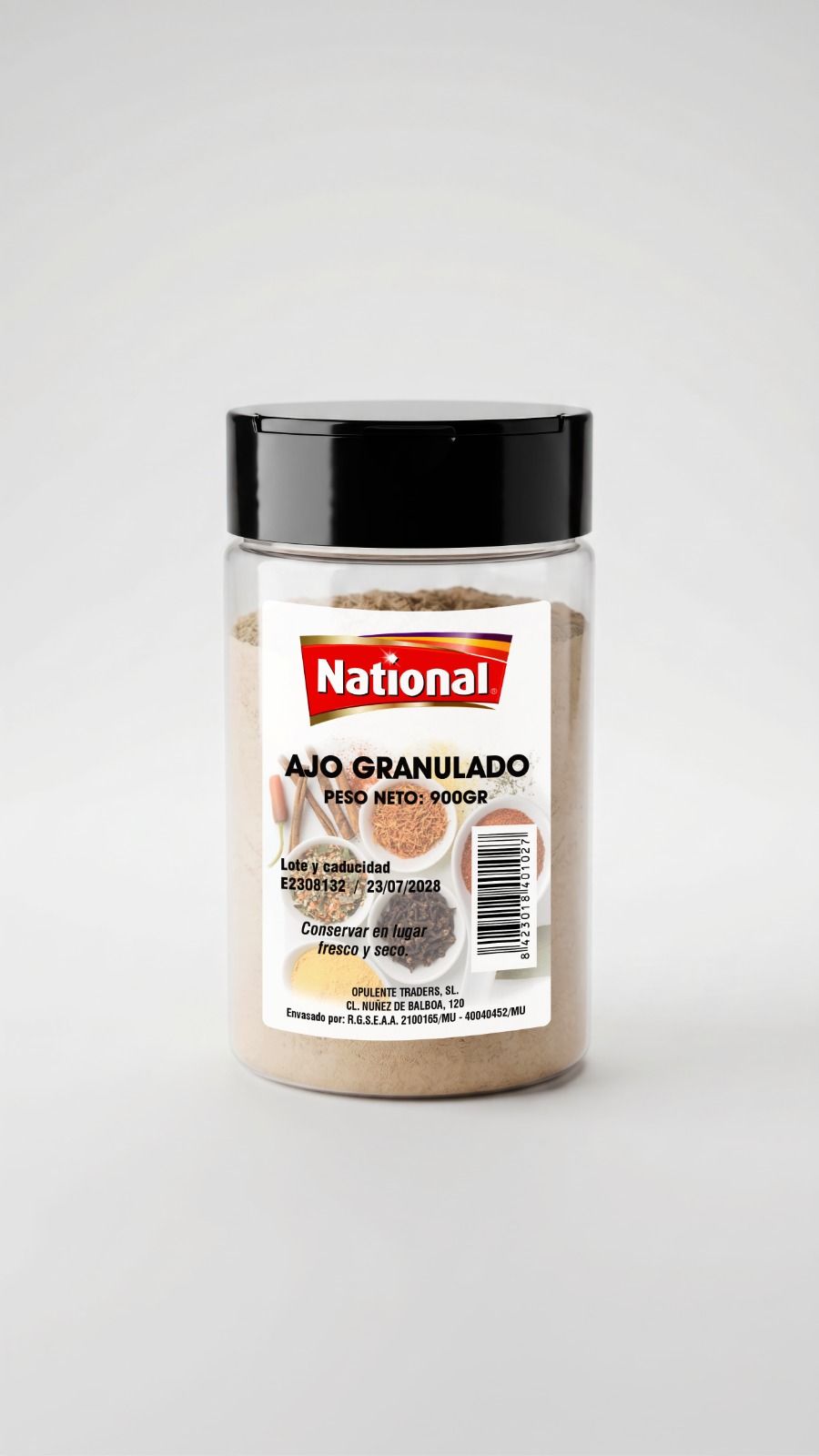 Frasco pequeño de condimento de ajo granulado National con tapa negra sobre fondo blanco.