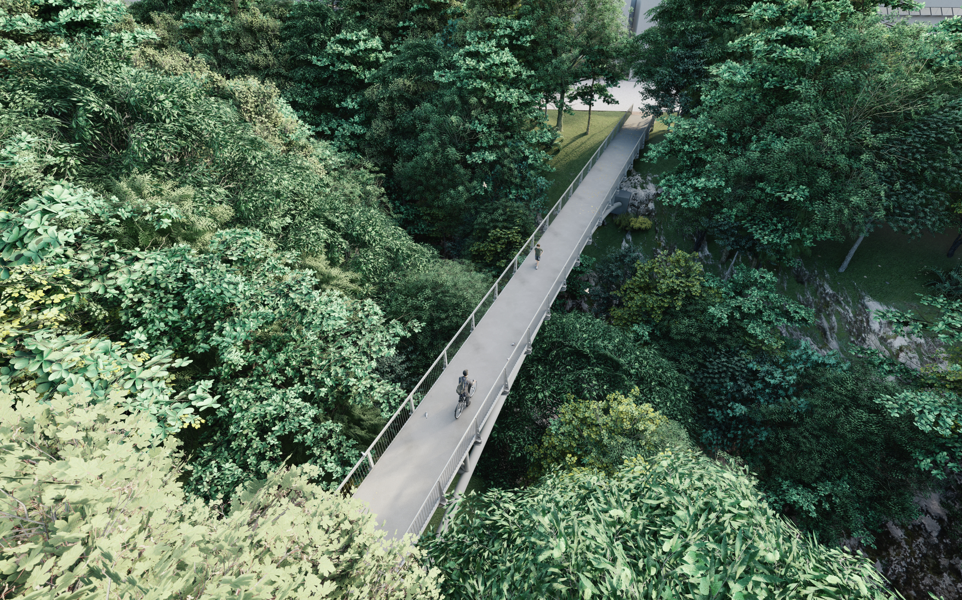 Ponte sopra fitti alberi verdi con due figure che camminano.