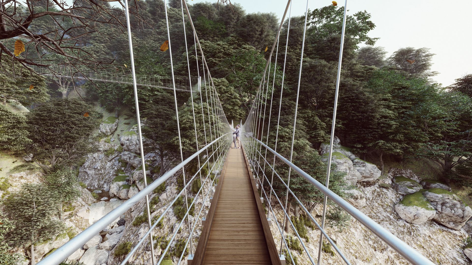 Ponte sospeso su un terreno roccioso che conduce a una lussureggiante foresta verde.