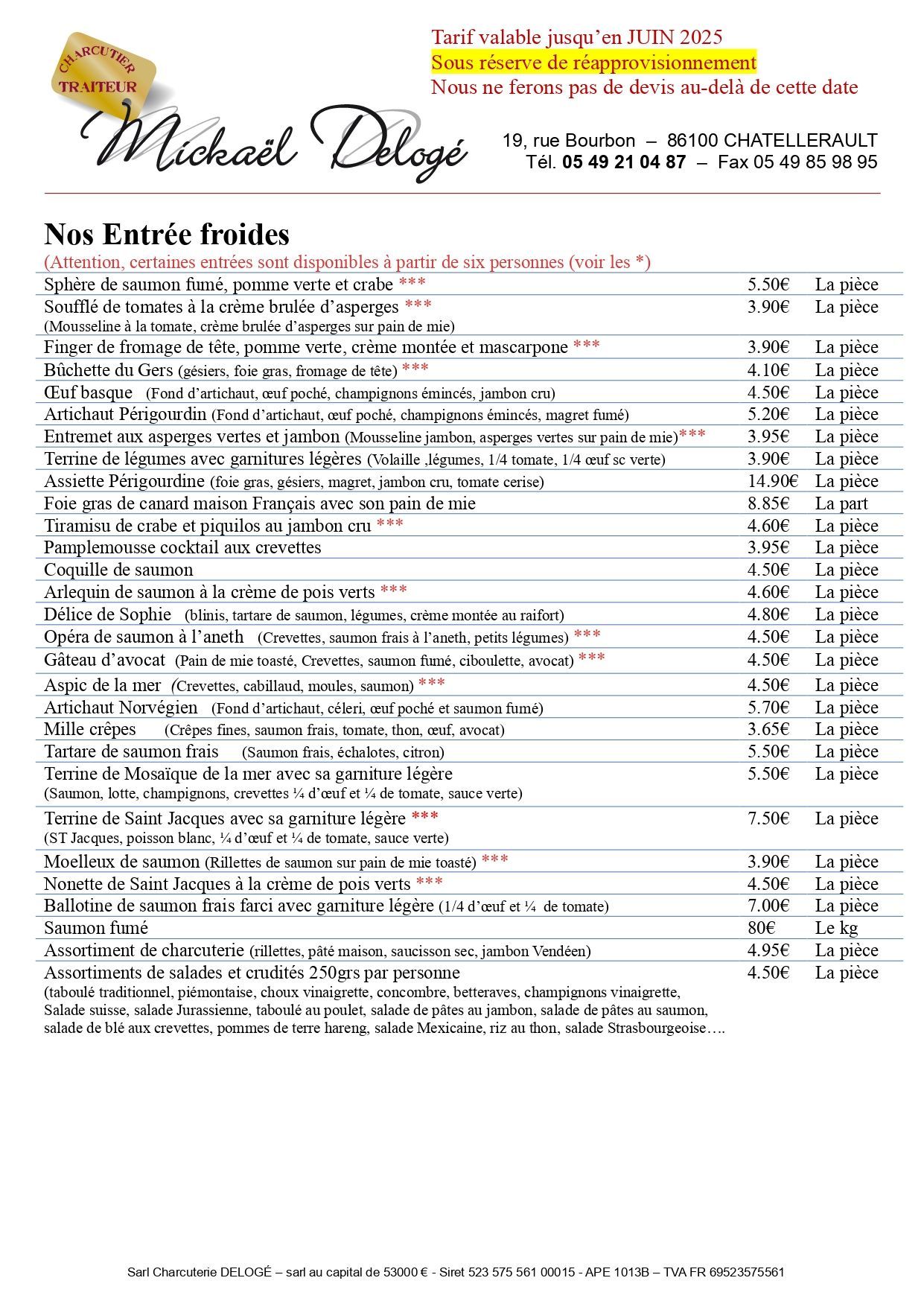 Carte des entrées froides