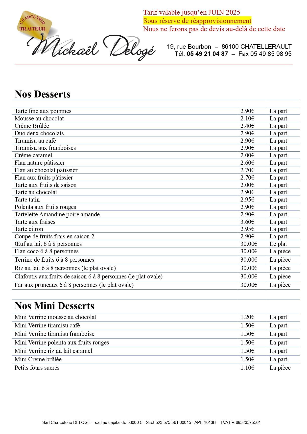 Carte des desserts
