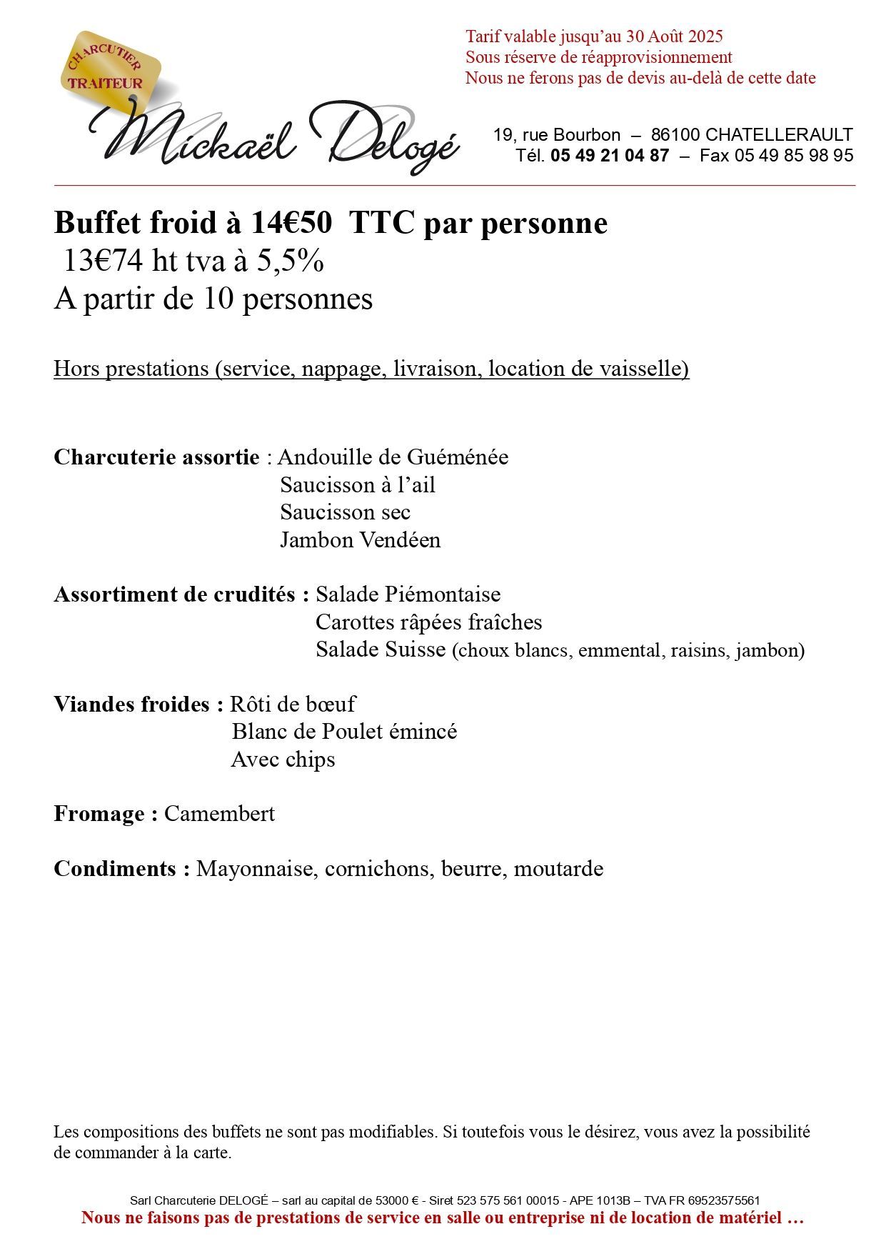 Carte de buffet à 14,50 euros par personne
