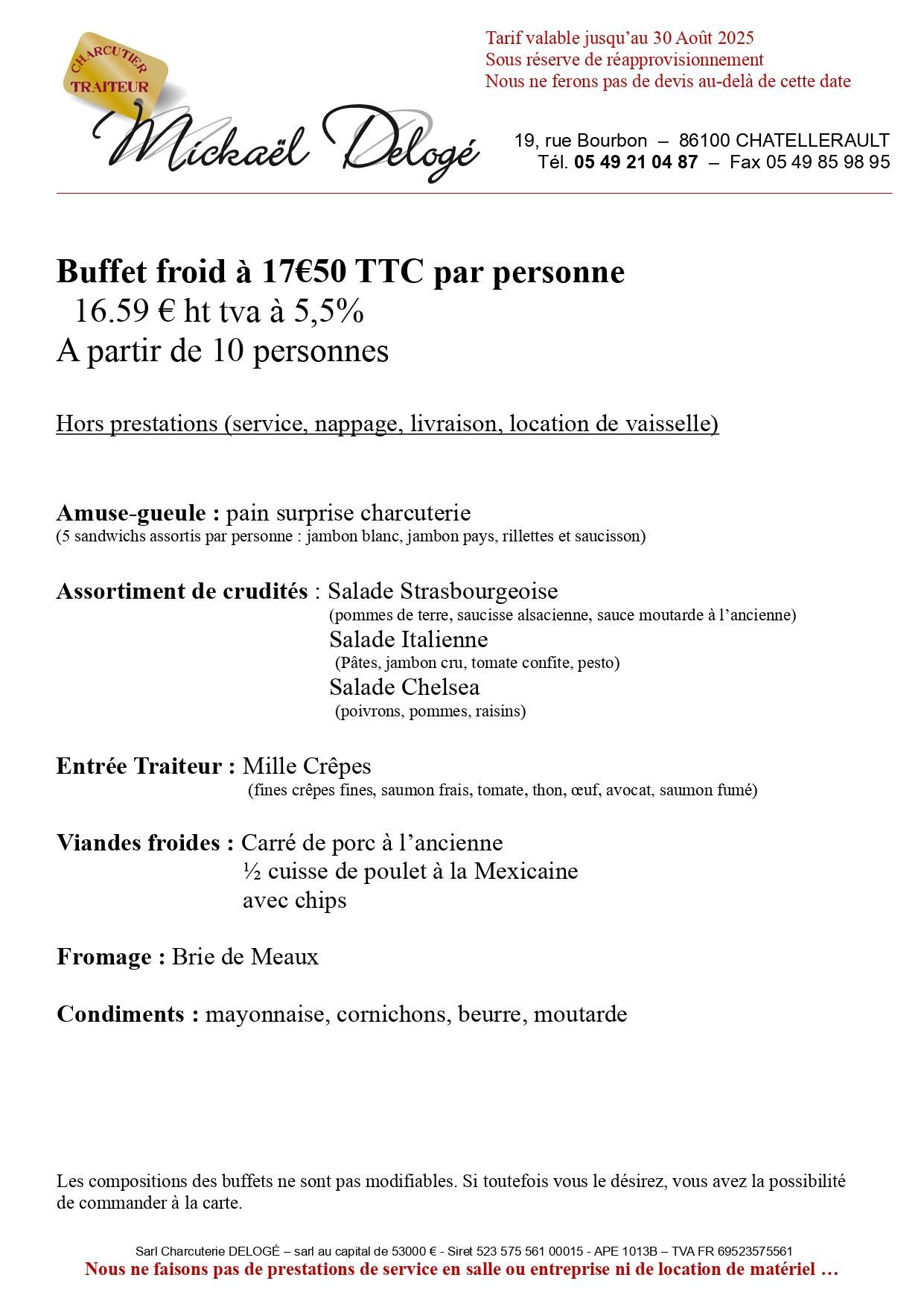 Carte de buffet à 17,50 euros par personne