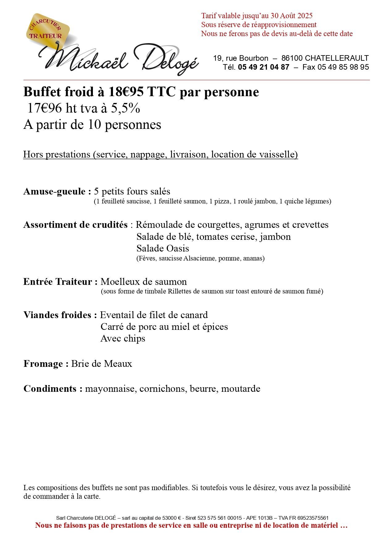 Carte de buffet à 18.95 euros par personne