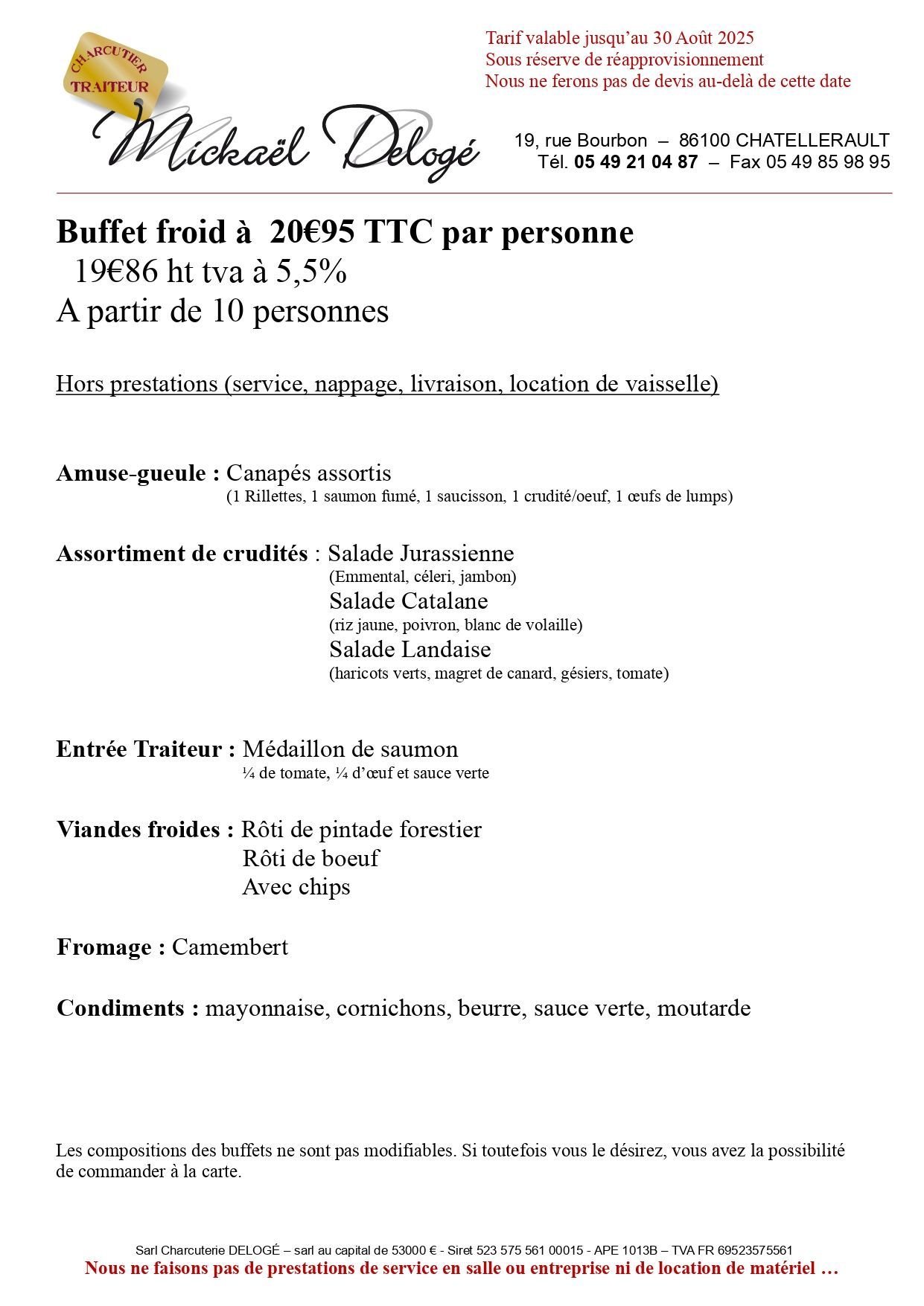 Carte de buffet à 20.95 euros par personne