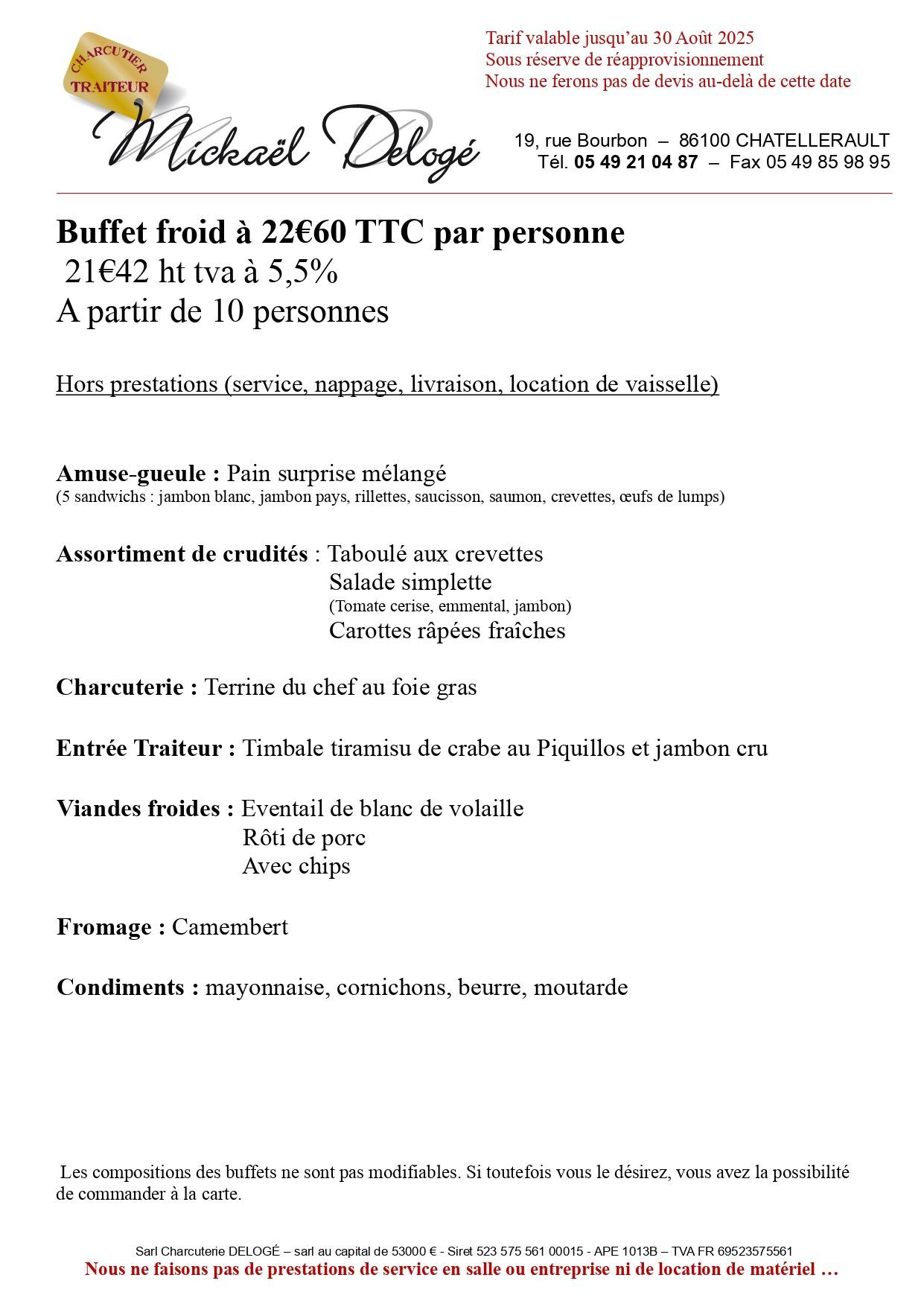 Carte de buffet à 22.60 euros par personne