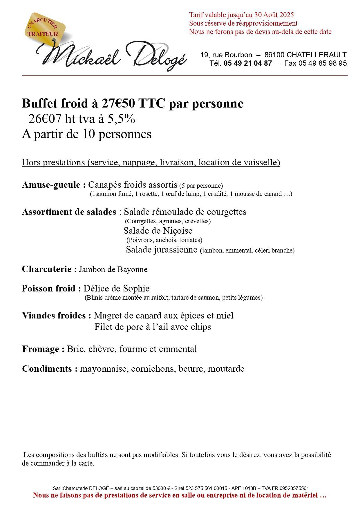 Carte de buffet à 27,50 euros par personne