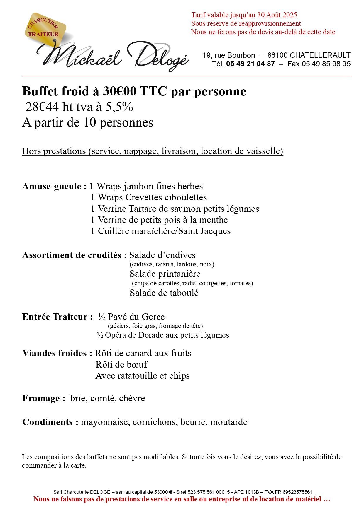 Carte de buffet à 30 euros par personne