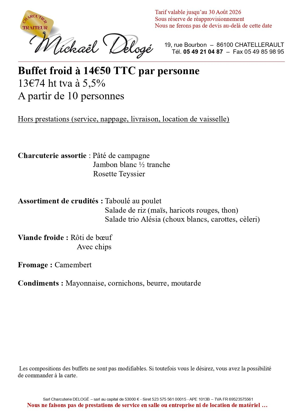 Carte de buffet à 30 euros par personne