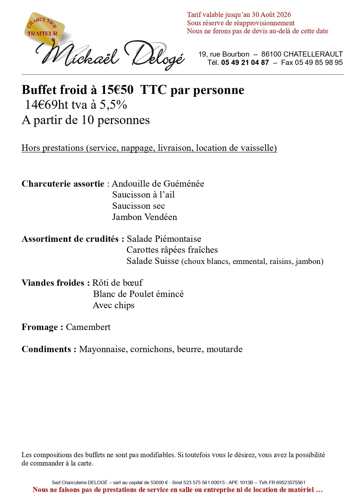Carte de buffet à 27,50 euros par personne