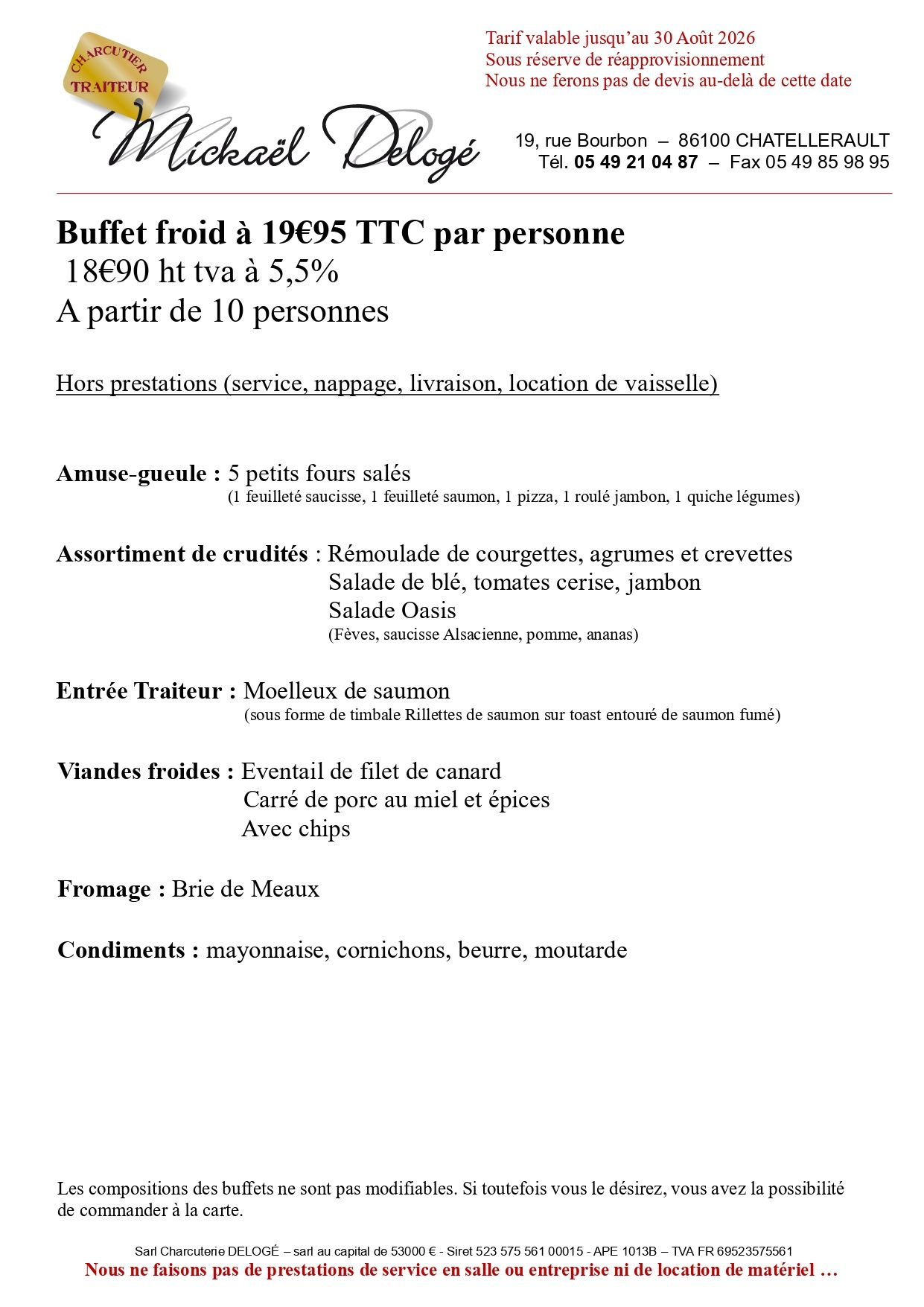 Carte de buffet à 20.95 euros par personne