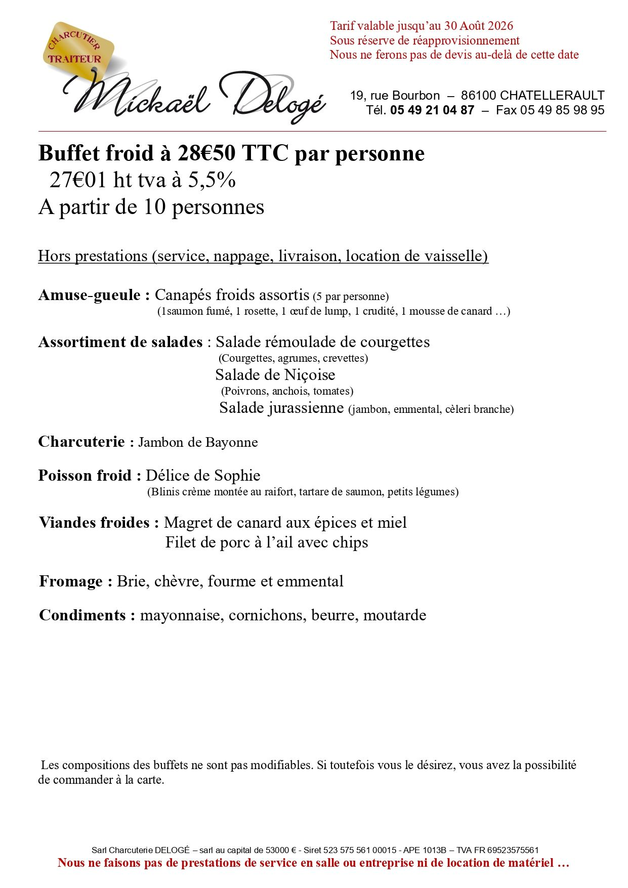 Carte de buffet à 14,50 euros par personne
