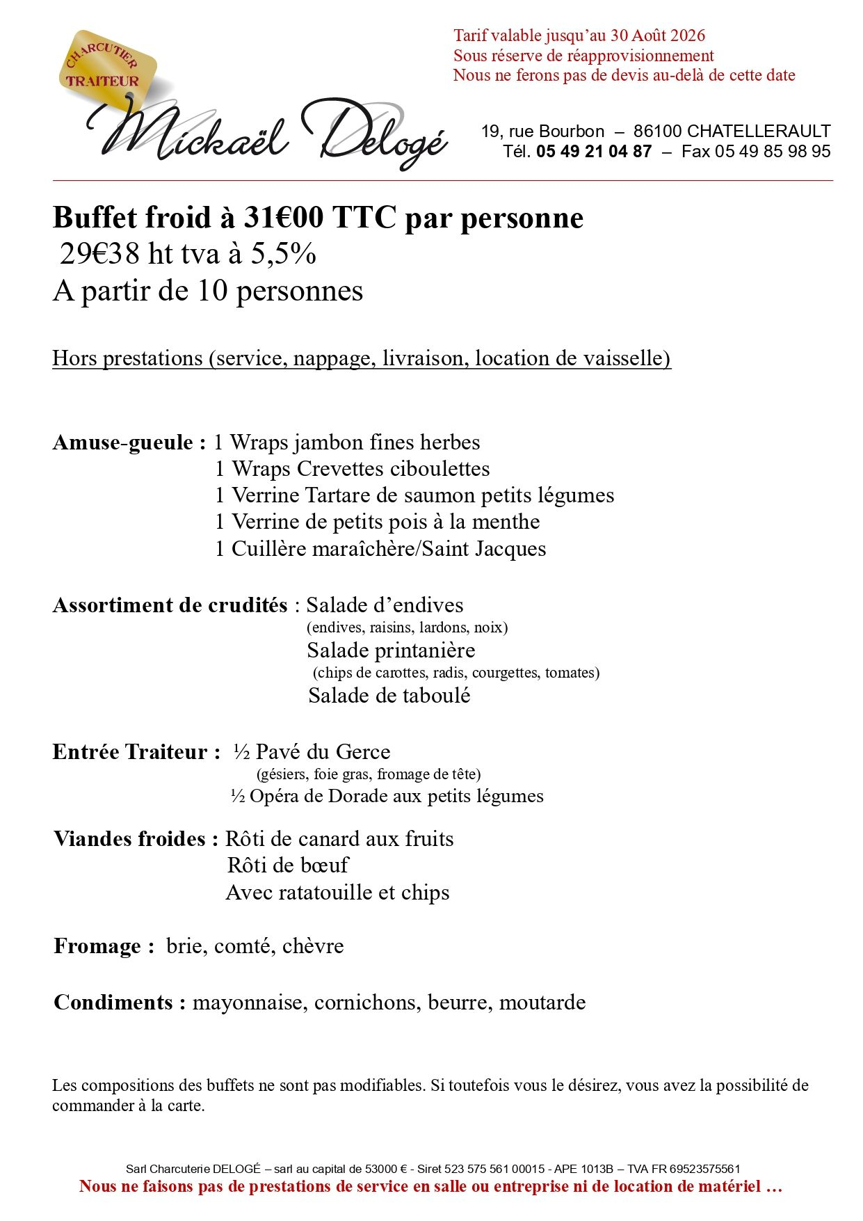Carte de buffet à 13.50 euros par personne