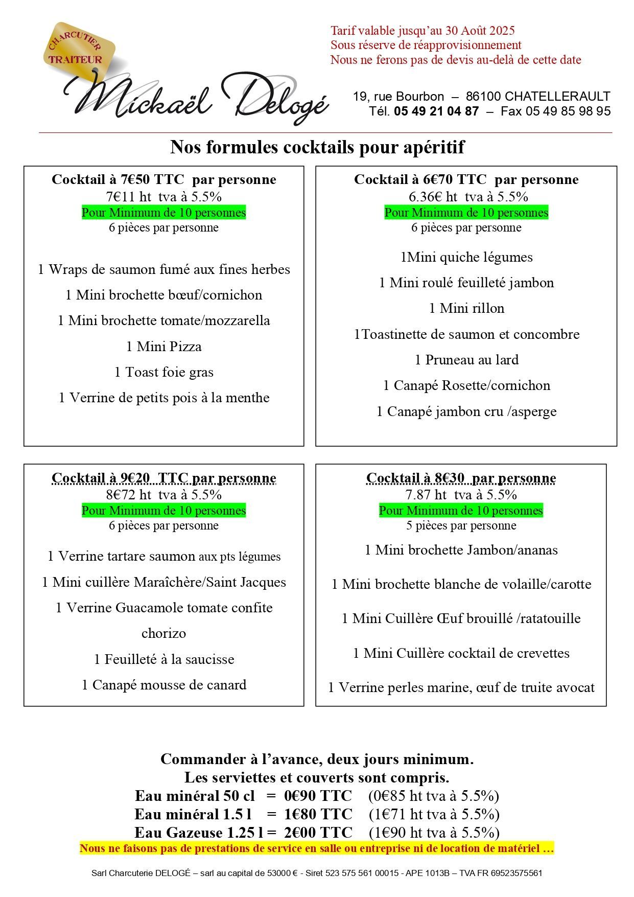 Carte avec les formules de cocktails apéritifs