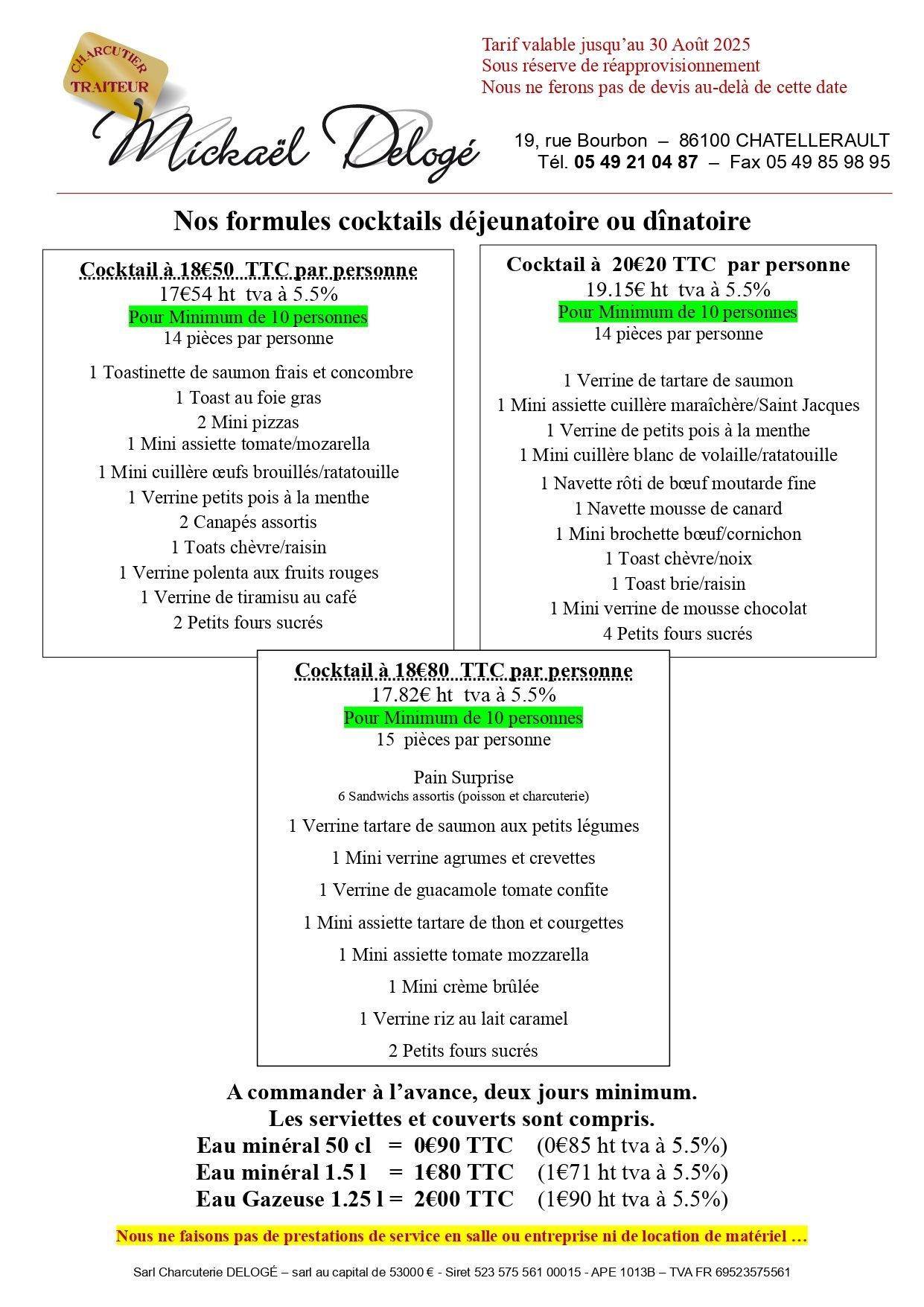 Carte avec les formules de cocktails déjeunatoires et dînatoires