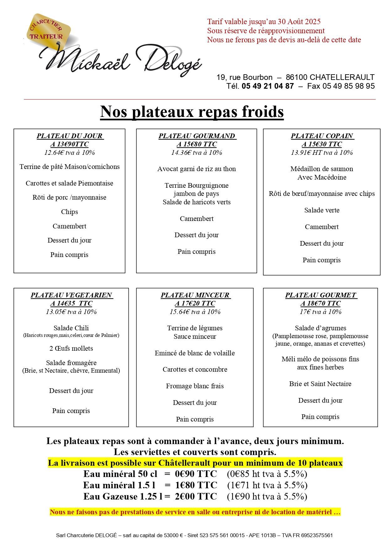 Carte avec les plateaux du jour, gourmand, copain, végétarien, minceur et gourmet