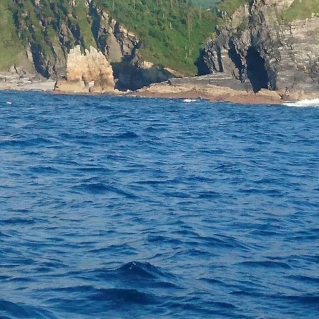 Aguas azules del océano con acantilados rocosos y verdes a lo largo de la costa.