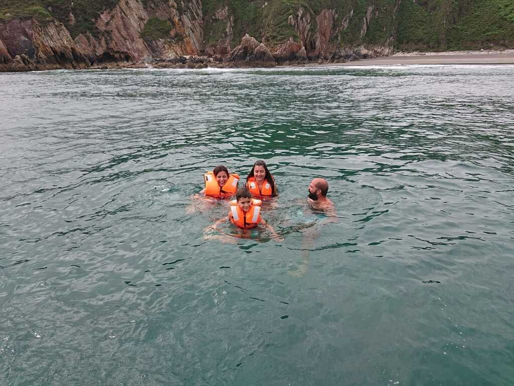 Cuatro nadadores con chalecos salvavidas naranjas en aguas tranquilas cerca de una costa rocosa.