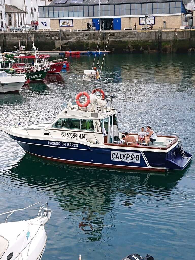 Una pequeña embarcación blanca y azul llamada CALYPSO flota en un puerto cerca de edificios atracados y otros barcos.