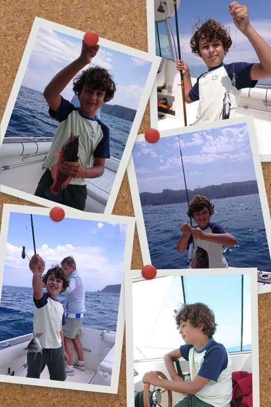 Collage de una persona de pelo rizado pescando en un bote, sonriendo y mostrando un pez capturado en varias instantáneas.