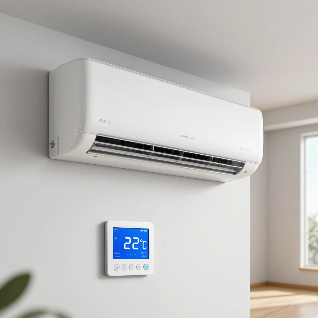 Aire acondicionado blanco montado en la pared sobre un termostato digital que marca 22 °C en una habitación luminosa.