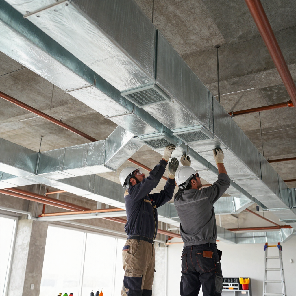 Dos trabajadores con monos azules reparan una unidad de climatización superior en una sala industrial luminosa.