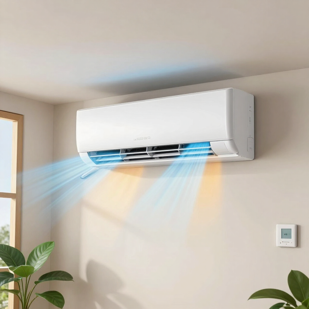 Aire acondicionado blanco montado en la pared sobre un termostato digital que marca 22 °C en una habitación luminosa.