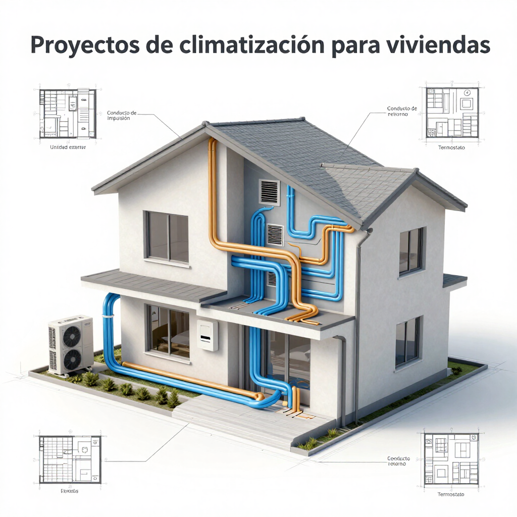 Dos trabajadores con monos azules reparan una unidad de climatización superior en una sala industrial luminosa.