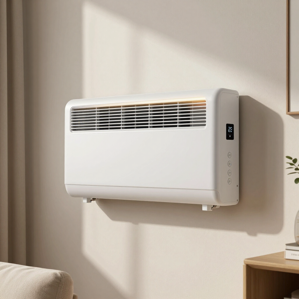 Aire acondicionado blanco montado en la pared sobre un termostato digital que marca 22 °C en una habitación luminosa.