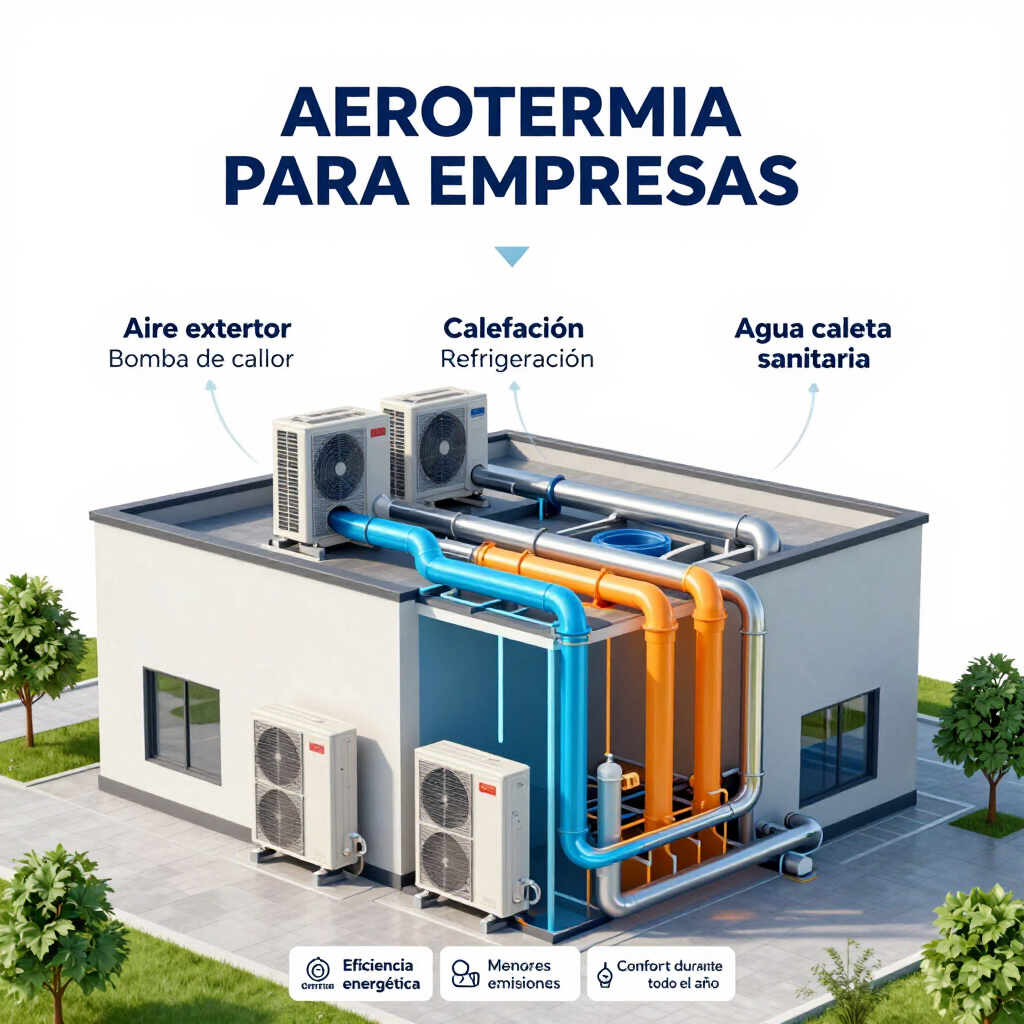 Dos trabajadores con monos azules reparan una unidad de climatización superior en una sala industrial luminosa.