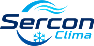 Logotipo de Sercon Clima con texto estilizado azul, l&iacute;neas onduladas y un icono de copo de nieve.