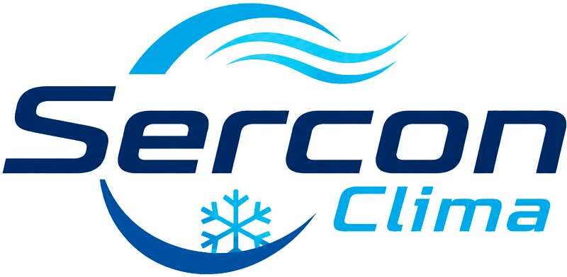 Logotipo de Sercon Clima con texto estilizado azul, líneas onduladas y un icono de copo de nieve.