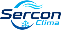 Logotipo de Sercon Clima con texto estilizado azul, l&iacute;neas onduladas y un icono de copo de nieve.