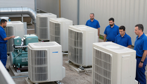 Técnicos con camisas azules inspeccionan las unidades exteriores de climatización junto a una gran máquina industrial.