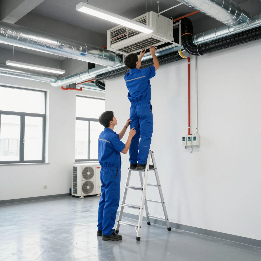 Dos trabajadores con monos azules reparan una unidad de climatización superior en una sala industrial luminosa.